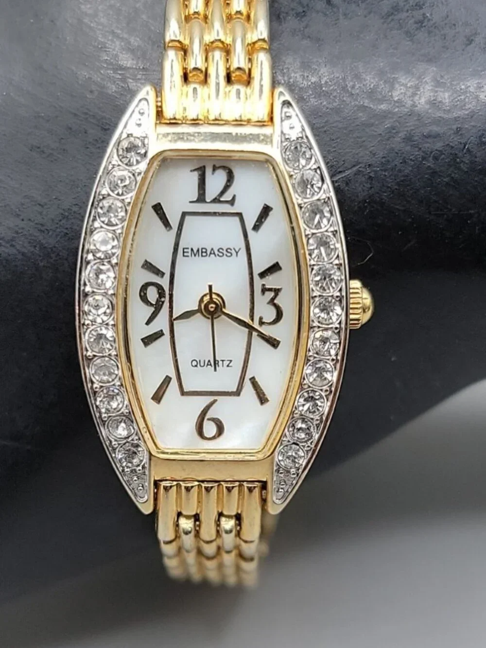 Vintage Embassy Gruen Crystal Tonneau Watch 20mm MOP Dial Stainless Gold Tone 7